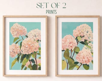 Dúo de láminas decorativas de hortensias color crema - Estampados florales en tonos verde azulado, decoración botánica estilo cottagecore, láminas para imprimir en gouache, arte en tonos pastel suaves B113