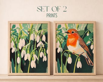 Juego de 2 láminas decorativas de pájaros petirrojos - Estampados florales de pájaros, arte de flores de campanilla de invierno, decoración botánica para pared, estilo cottagecore, descarga digital B100