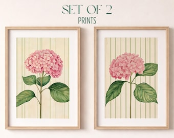 Juego de 2 láminas decorativas de hortensias rosas para pared - Láminas botánicas, estampado floral de finas rayas verdes, impresión en gouache de hortensias, descarga digital B117