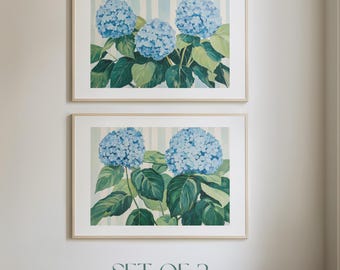 Juego de 2 láminas decorativas de hortensias azules para pared, estampados florales a rayas B_H_133