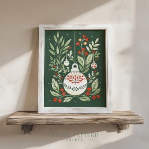 White Christmas Bauble Folk Art - Printable Holiday Wall Art, Vintage Ornament Decor, Festive Botanical Print, Rustic Winter Greenery 145