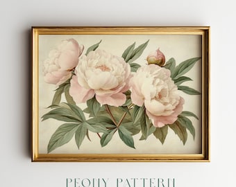 Arte mural de peonías: ilustración botánica de peonías color crema, pintura floral romántica y suave, decoración vintage cottagecore, elegante arte floral H201