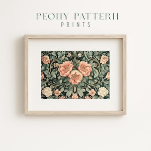 Ripetizione floreale di peonie ispirata ad Arts and Crafts - Arte murale vintage Arts & Crafts, stampa tessile botanica Moody Cottagecore, arte stampabile 2