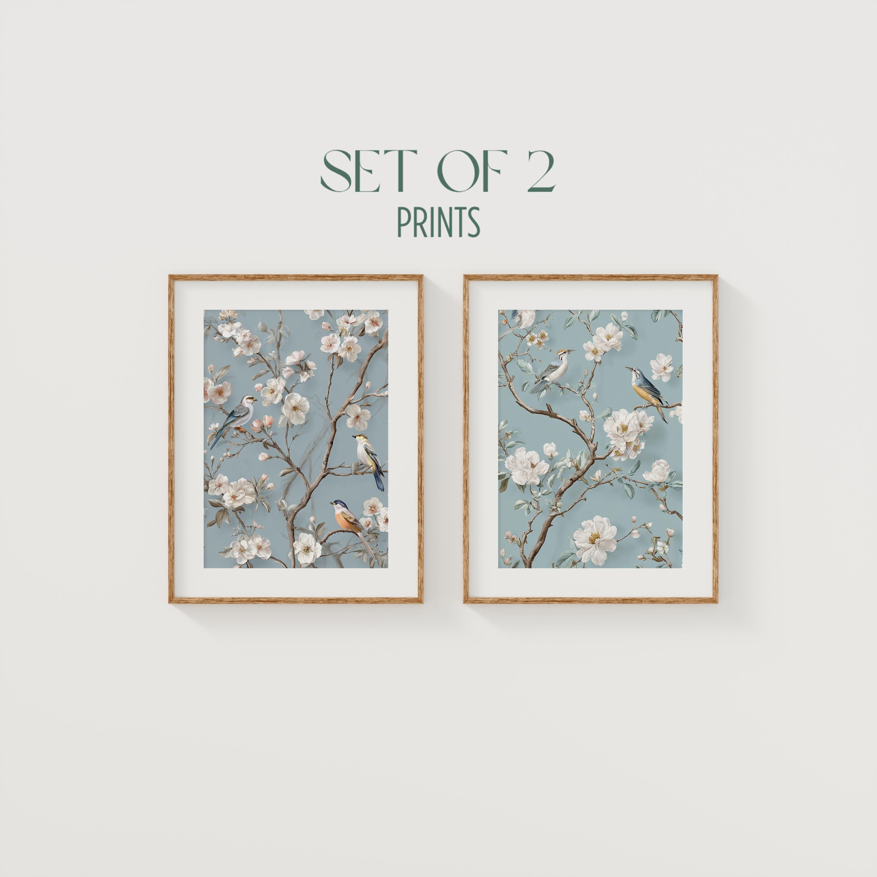 Light Blue Chinoiserie Wall Art Set of Two - Bird and Blossom Prints ...