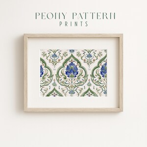 May include: A framed print featuring a repeating floral pattern with blue, green, and beige tones. The design includes stylized flowers and foliage, set against a cream-colored background. The text "PEONY PATTERN PRINTS" is above the frame.