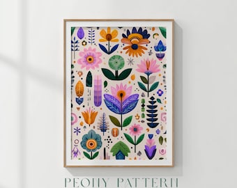 Lámina floral retro con estilo: peonías y flores llamativas, arte mural moderno de mediados de siglo, decoración primaveral imprimible, arte popular (descarga digital 441)