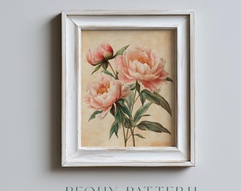 Lámina vintage de peonías: peonías rosa ruborizado con hojas delicadas, arte botánico romántico de estilo cottagecore, decoración de pared clásica imprimible 438