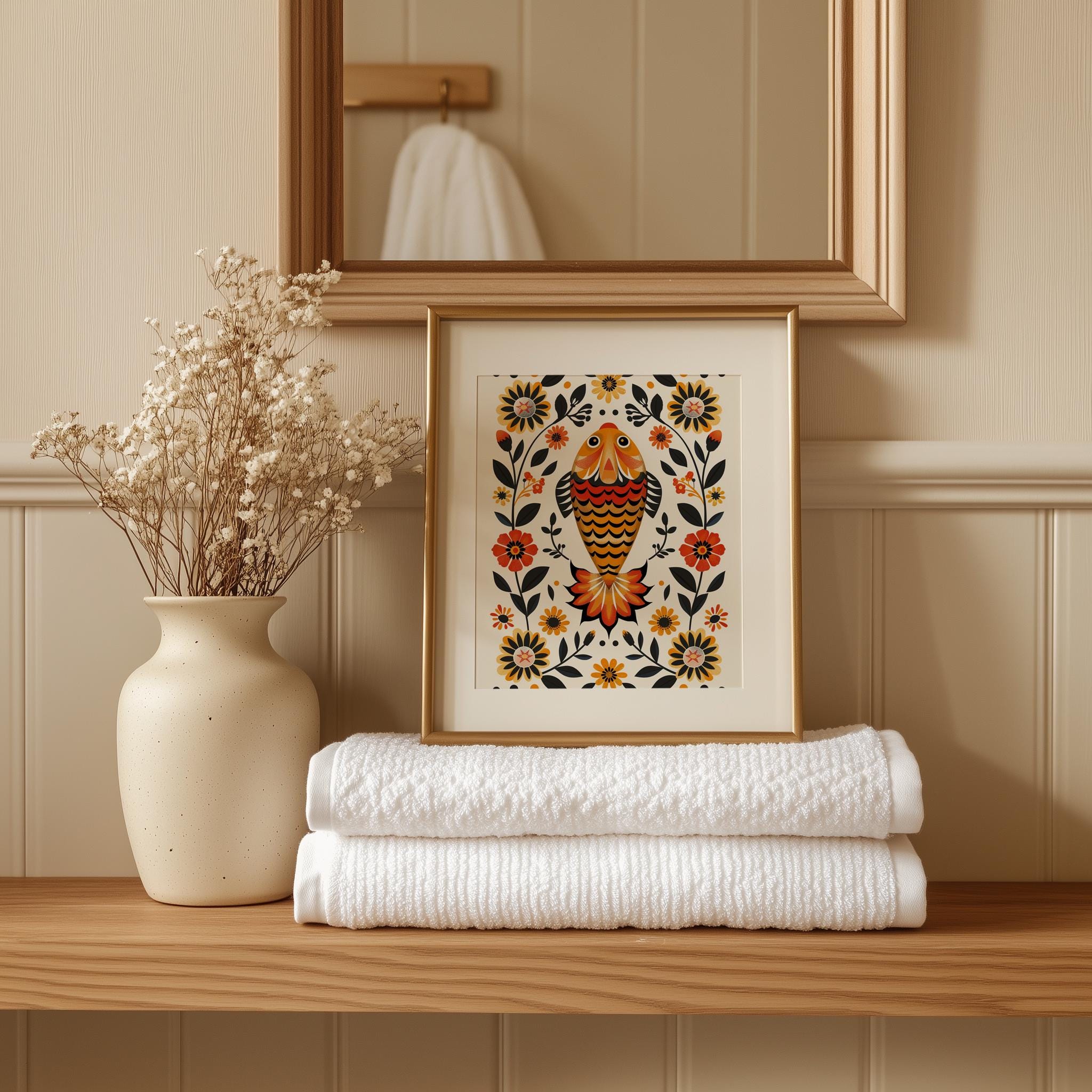 Mexican Folk Art Fish and Marigold Print - Vibrant Floral Wall Art ...