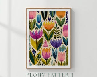 Estampado floral retro y moderno, arte mural de mediados de siglo, tulipanes pintados a mano en gouache, descarga digital de arte popular lúdico, imprimible 442