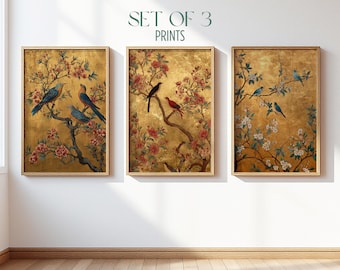 Juego de 3 láminas decorativas de estilo chinoiserie dorado: láminas de aves y motivos botánicos, decoración chinoiserie vintage, inspiración natural, elegante para pared de galería B87