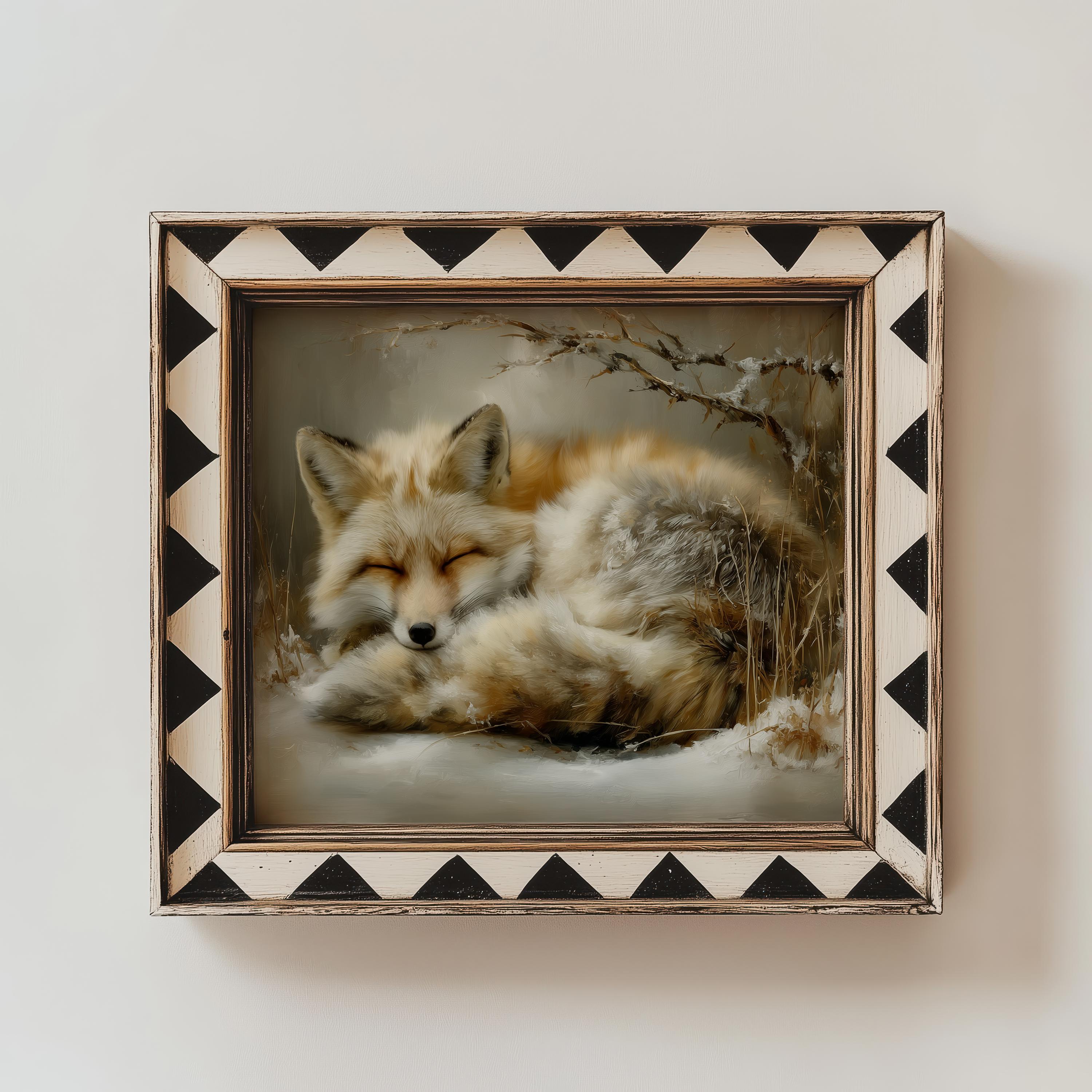 Rustic Fox Image Cozy Printable Red Fox Painting, Rustic Vintage Wall Art, Soft Snow ...