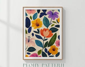 Arte mural floral retro primaveral, flores modernas vintage de mediados de siglo, hojas verde azulado, alegre arte imprimible estilo gouache, descarga digital 444