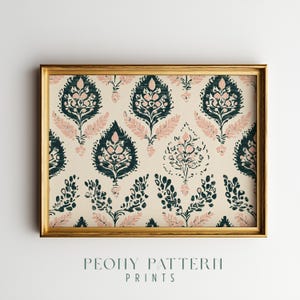 May include: A framed print featuring a repeating floral pattern in teal and pink on a cream background. The gold frame surrounds the artwork. The text "PEONY PATTERN PRINTS" is displayed below the artwork.