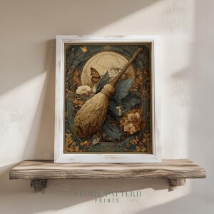Art Nouveau Witchy Broom Poster - Vintage Printable Wall Art, Rustic Autumn Decor, Enchanting Cottagecore Style, Halloween Painting V93
