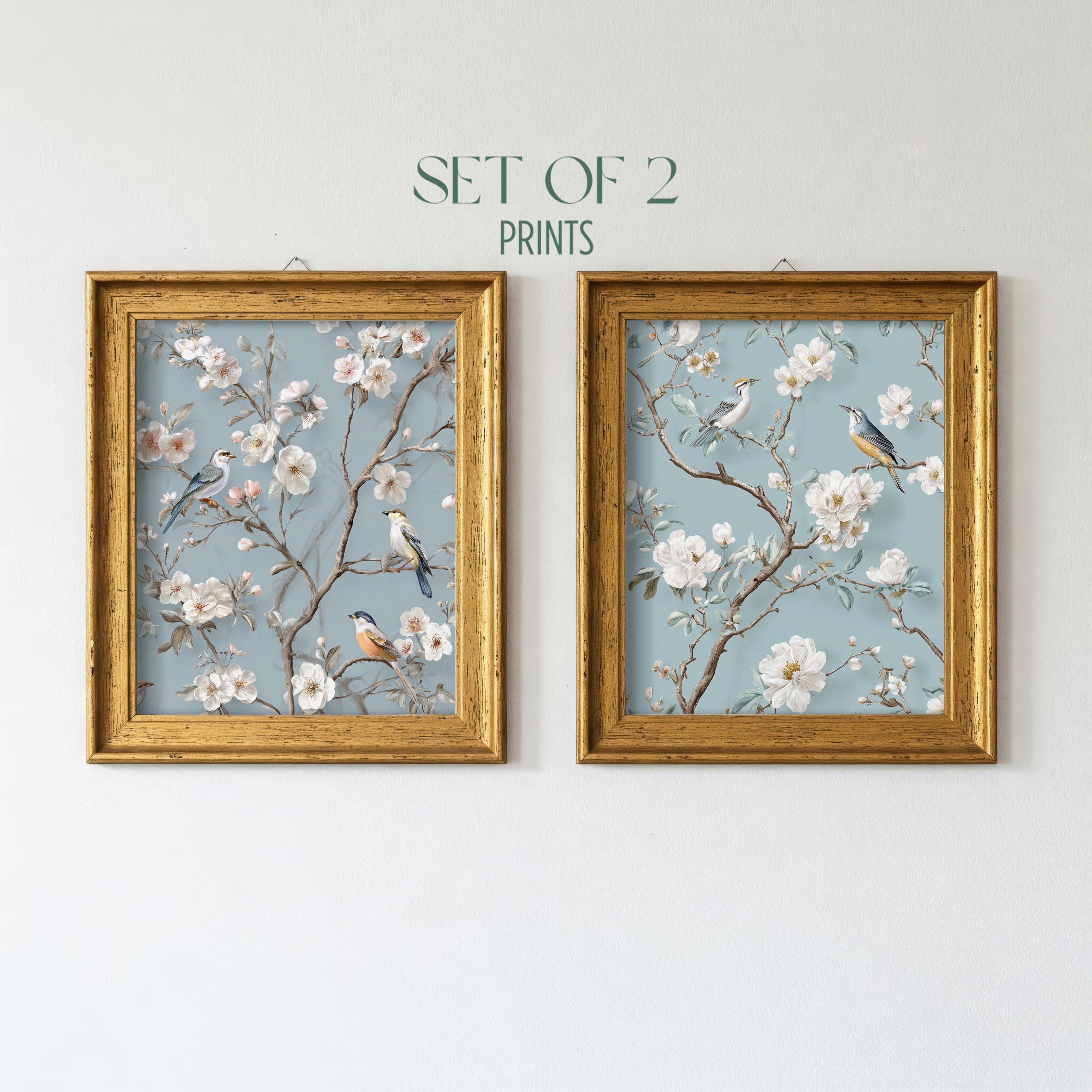 Light Blue Chinoiserie Wall Art Set of Two - Bird and Blossom Prints ...