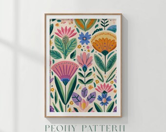 Arte mural floral retro de primavera, flores vintage y elegantes, alegres flores primaverales, arte popular imprimible, flores coloridas pintadas a mano (descarga 443)