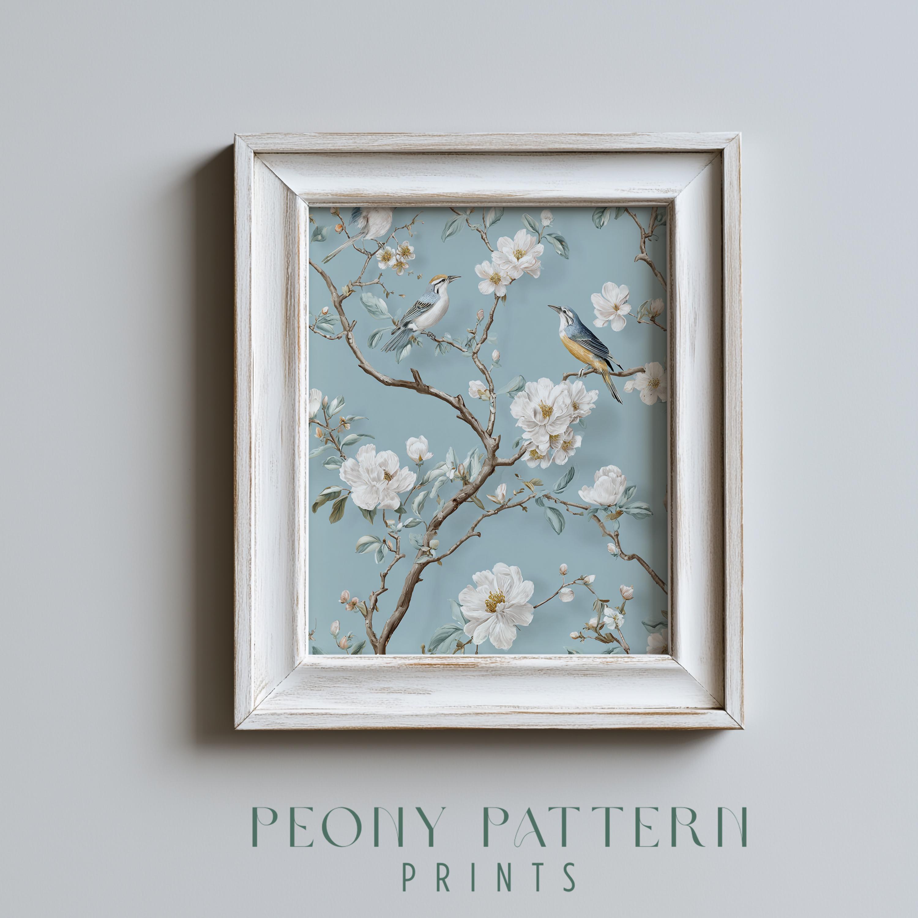 Light Blue Chinoiserie Wall Art Set of Two - Bird and Blossom Prints ...
