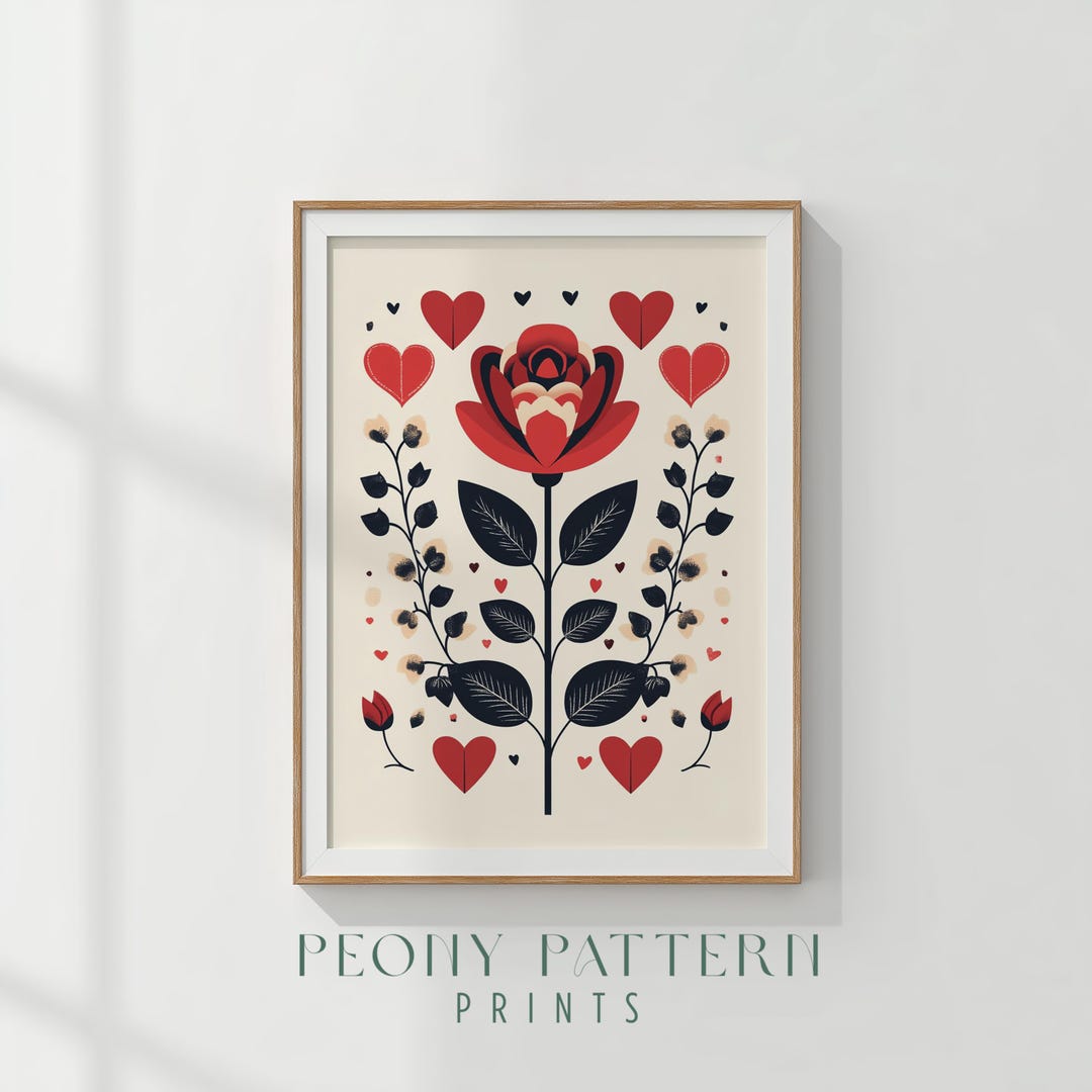 Folk Art Red Rose Print, Cottagecore Floral Wall Art, Vintage ...