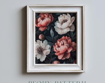 Impresión vintage de peonías en flor: arte botánico floral oscuro, decoración romántica estilo cottagecore, peonías clásicas en coral y rubor, descarga imprimible 432