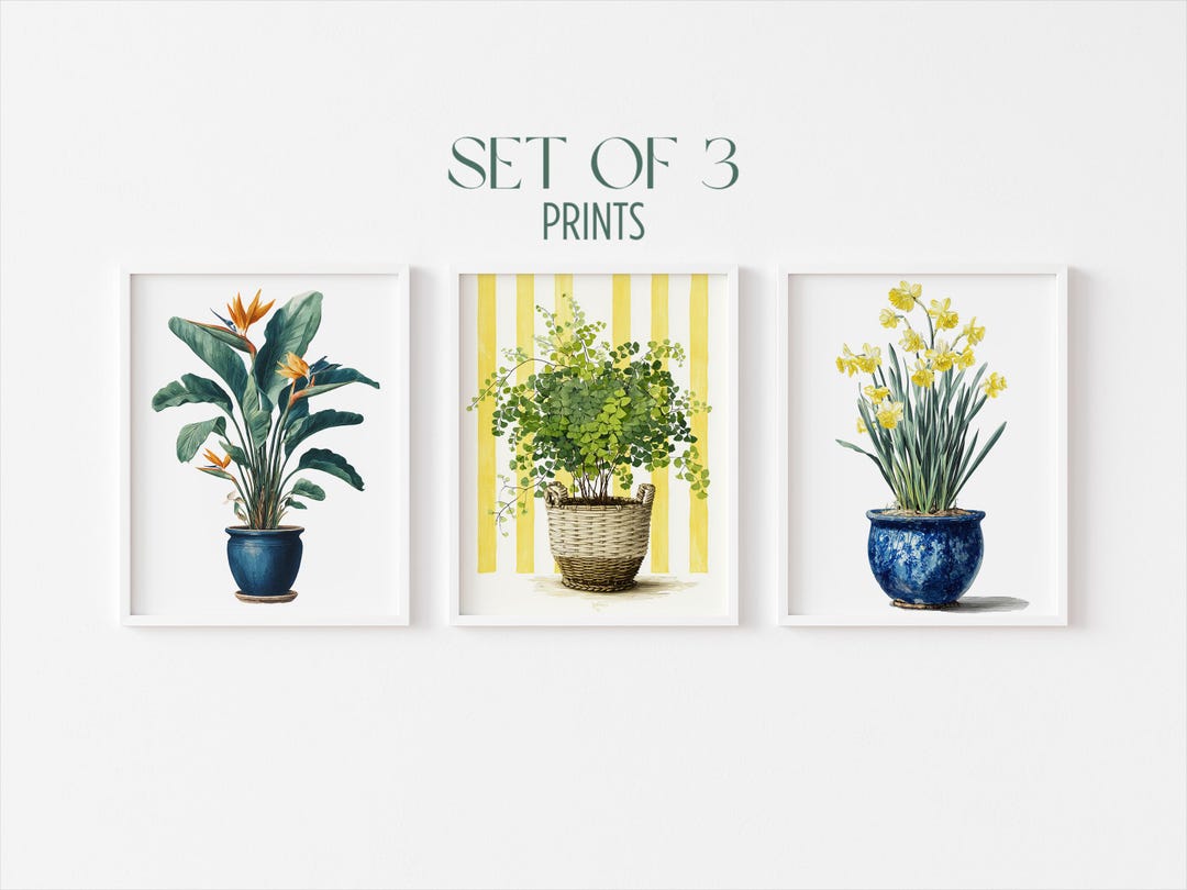 Set of 3 Modern Potted Plant Gallery Wall - Green and Yellow Botanical ...