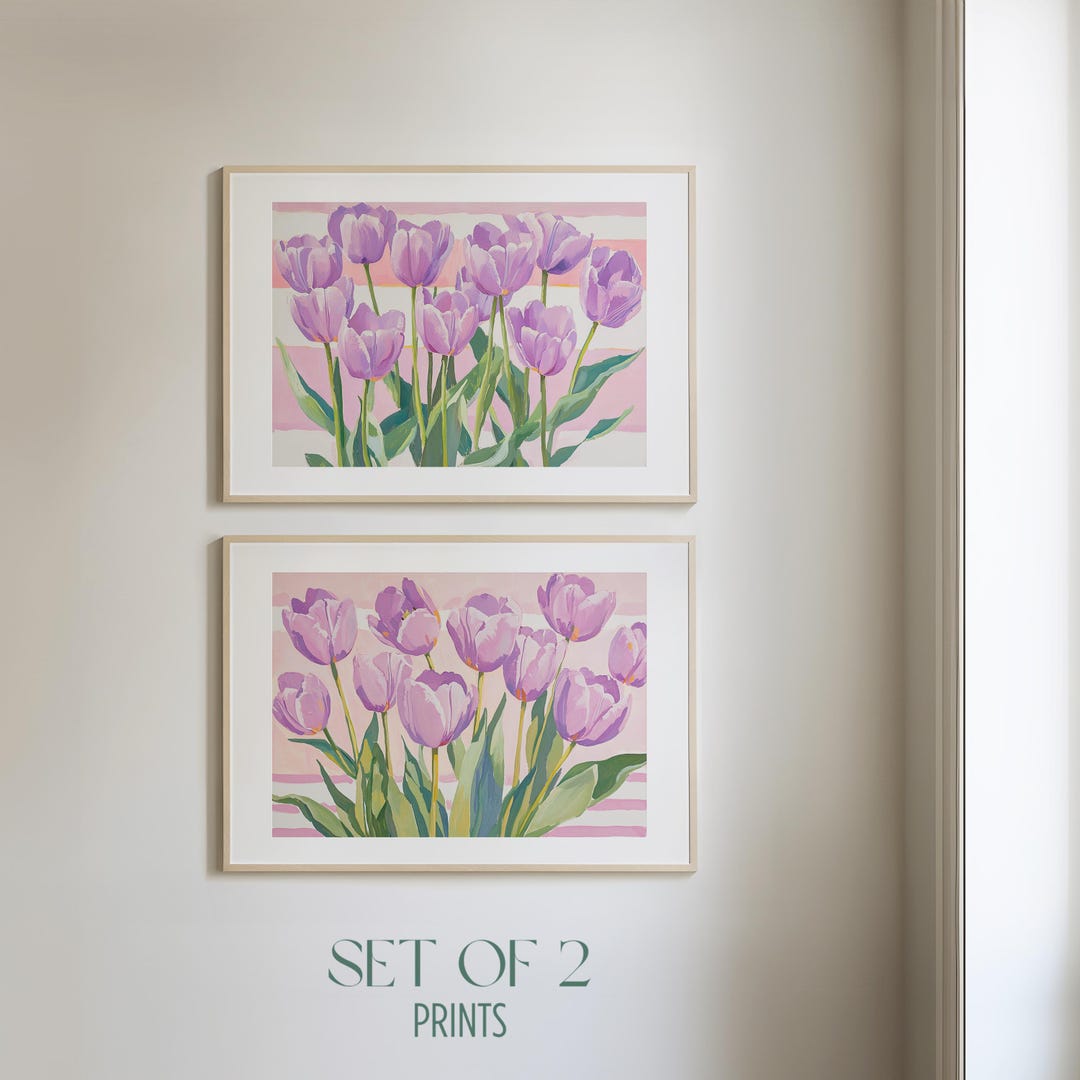 Pink Tulip Wall Art Set of 2, Pastel Floral Prints, Gouache Style B_H ...