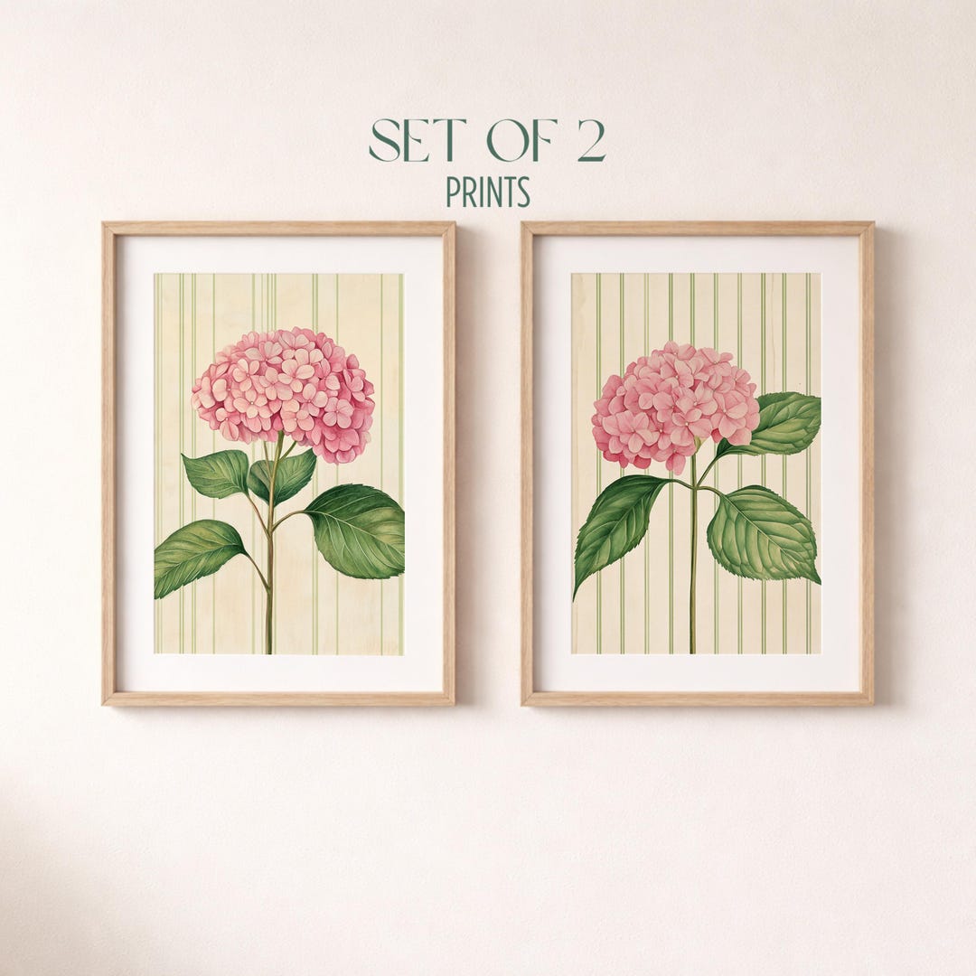 Pink Hydrangea Wall Art Set of 2 - Botanical Prints, Thin Green Stripe ...