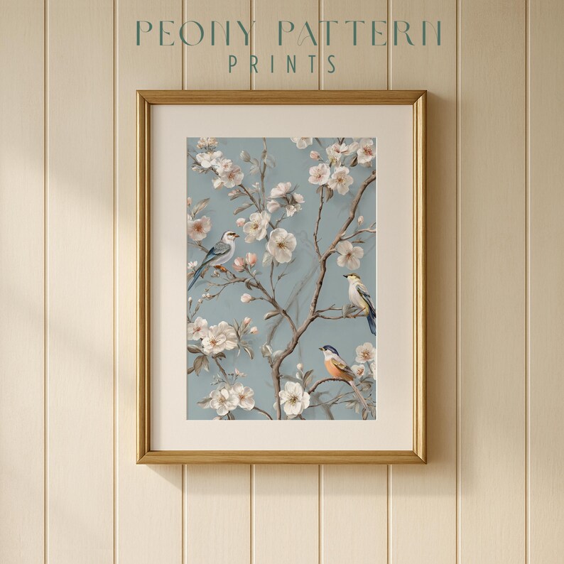 Light Blue Chinoiserie Wall Art Set of Two - Bird and Blossom Prints ...