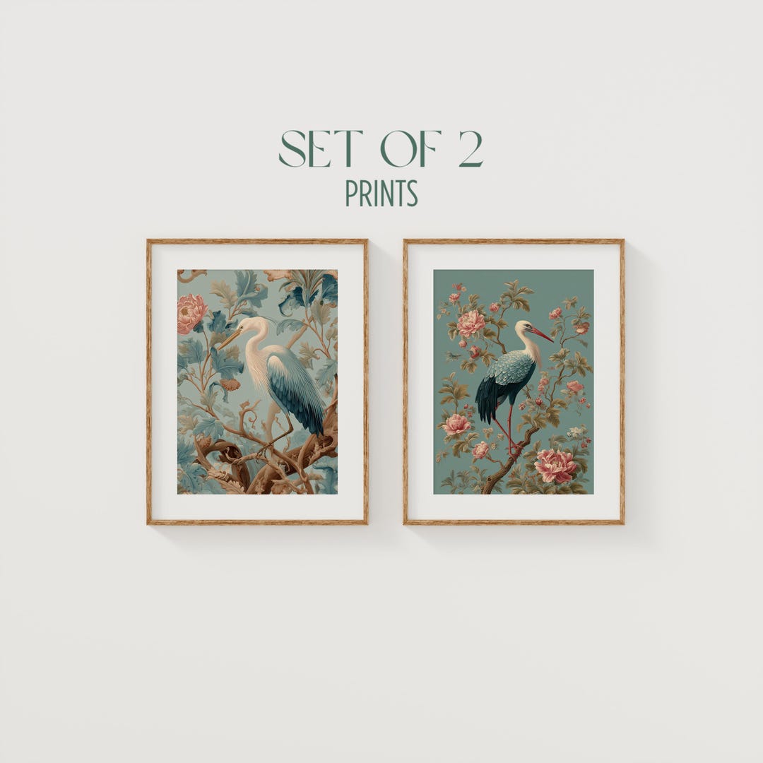 Light Blue Chinoiserie Wall Art Set of Two - Heron Bird and Floral ...