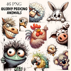 Peeking Animal Clipart Bundle: Funny Corner Illustrations (Digital Download, PNG, Commercial Use)