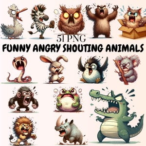 51 Grumpy Animal Clipart PNG + SVG | Funny Angry Shouting Animals Bundle | Transparent Backgrounds | Digital Download | Commercial Use