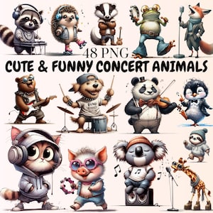 Funny Concert Animals Clipart Bundle: Musical Party Illustrations (Digital Download, PNG, Commercial Use