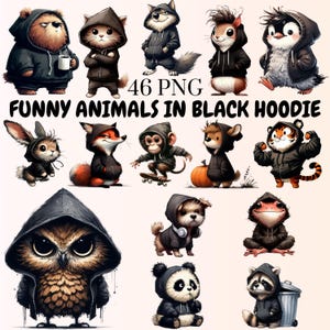 46 Cute Animals in Black Hoodie Clipart Bundle | Baby Shower Animal PNGs | Nursery Birthday Decor | Kids Party Balloons | Digital Download
