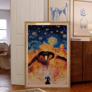 May include: A framed art print depicting a scene from Lord of the Rings, with a fiery Balrog under a starry night sky in the style of Van Gogh. A small figure stands before the Balrog. The print is in a wooden frame.