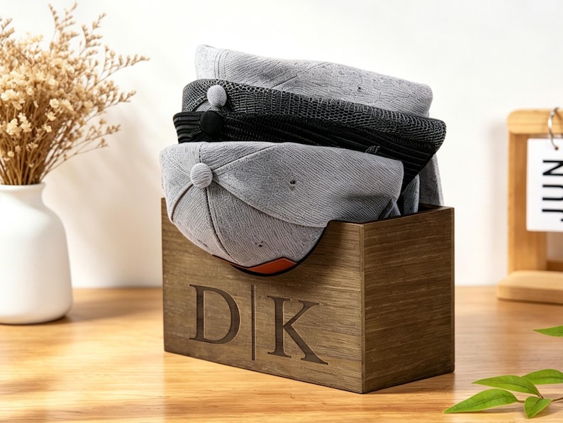 Puede incluir: Una caja de madera con las iniciales "DK" grabadas contiene varias gorras de b&eacute;isbol. Las gorras son grises y negras, con un bot&oacute;n en la parte superior. La caja es de madera oscura y est&aacute; sobre una superficie de madera.