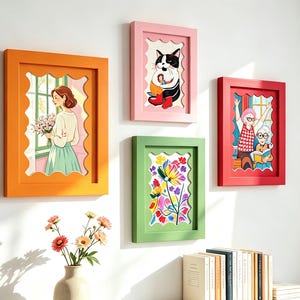 Peut inclure: Quatre cadres muraux rectangulaires orange, rose, vert et rouge, chacun doté d'un bord intérieur festonné. Les cadres contiennent des illustrations d'une personne avec des fleurs, un chat en bottes, un arrangement floral et deux personnes lisant.