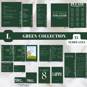 Bearbeitbares minimalistisches Hochzeitseinladungsvorlagenpaket, Speichern Sie das Datum, Empfangsschilder und Karten. Sofort Download. | GREEN Kollektion