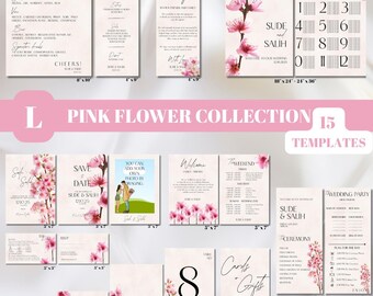 Editable Minimalist Wedding Invitation Template Bundle, RSVP And Details. Instant Download. PINK FLOWER Collection