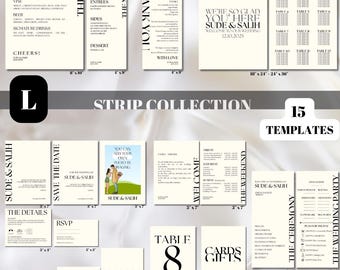 Editable Minimalist Wedding Invitation Template Bundle, Save The Date, Recepsion Signs and Cards. Instant Download. | STRIP Collectıon