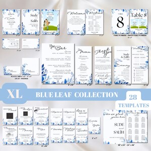 Bearbeitbares minimalistisches Hochzeitseinladungsvorlagenpaket, Speichern Sie das Datum, Empfangsschilder und Karten. Sofort Download. | BLUE LEAF Kollektion