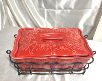 Temp-tations Red Embossed Bakeware Set – Ceramic Baker, Wavy Tray, Basket & Metal Rack
