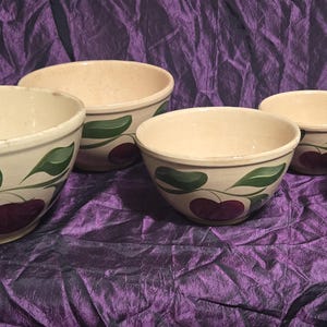 Vintage Watts Pottery Mixing Bowl Set: Hand-Painted Apple Design, USA Made