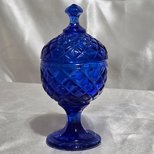 Vintage Cobalt Blue Glass Lidded Pedestal Candy Dish – Diamond Point Compote