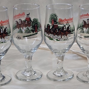 Set of 4 Vintage 1991 Budweiser Clydesdales Beer Glasses – Stemmed Goblets by Anheuser-Busch
