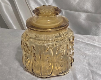 Vintage Amber Glass Apothecary Jar with Lid, Floral Pressed Glass Canister
