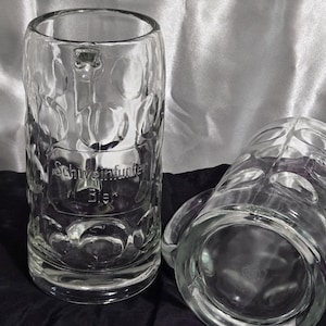 Pair of Schweinfurter Bier 1L German Beer Steins – 8&quot; Tall Dimpled Glass Mugs – Oktoberfest Maßkrug Set – Vintage German Barware