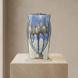 Mid Century Modern Atomic Vase Blue Drip Glaze Made in Japan
