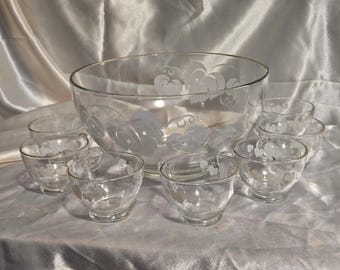 Vintage Hazel Ware Glass Punch Bowl Set: Williamsport Pattern, 10