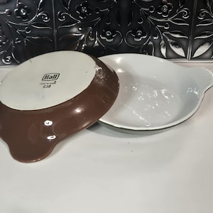 Vintage Hall Pottery Au Gratin Dishes Set of 2 Brown Green Oven Bakeware