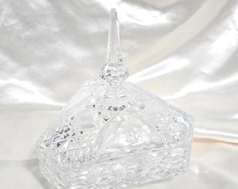Vintage Cut Glass Candy Dish with Lid – Crystal Spire Finial Trinket Bowl