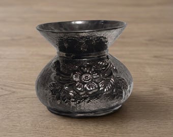 Vintage Signed Art Pottery Vase • Black Metallic Glaze Floral Relief Ceramic Vase